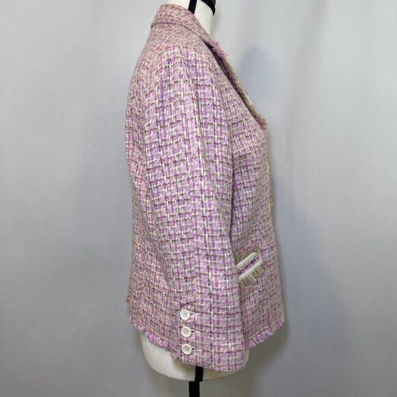 Moa Moa cropped fringe blazer jacket tweed pink tan cream women L - Picture 6 of 14